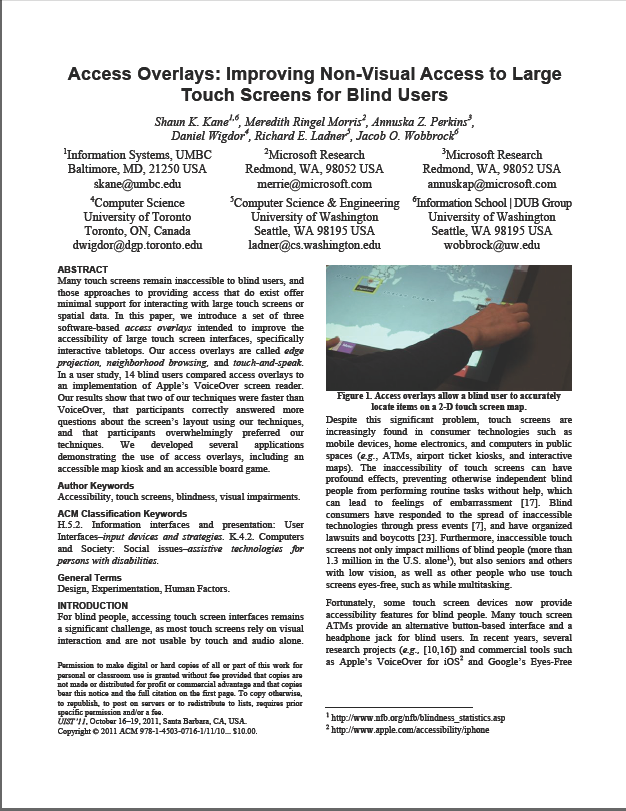 Access Overlays: Improving Non-Visual Access to Large Touch Screens for Blind Users