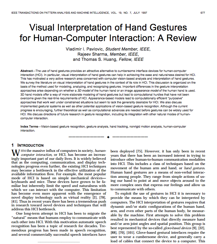 Visual Interpretation of Hand Gestures for Human-Computer Interaction: A Review
